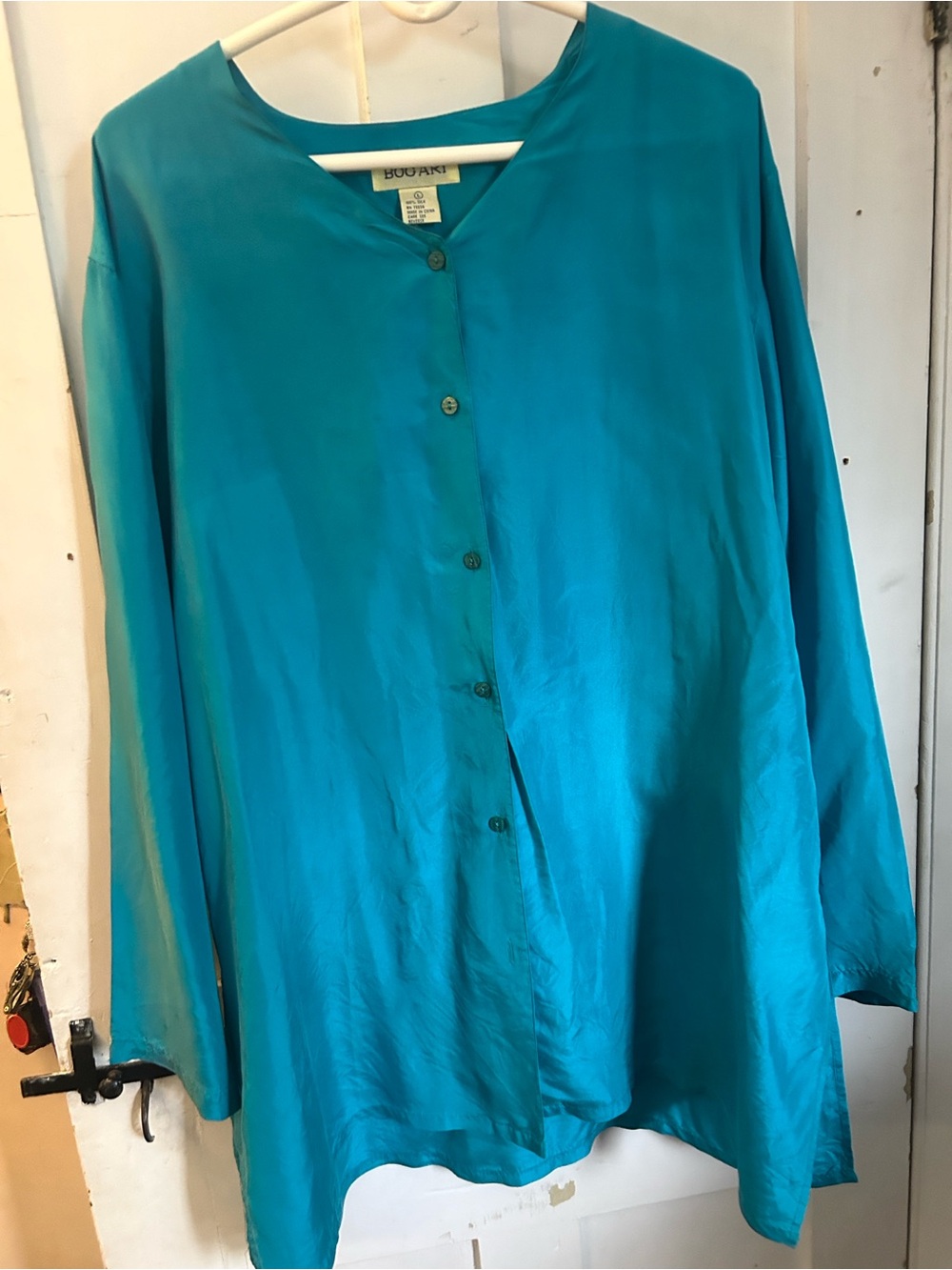 Women's Button-Front Silk Blouse in Teal by Bogari